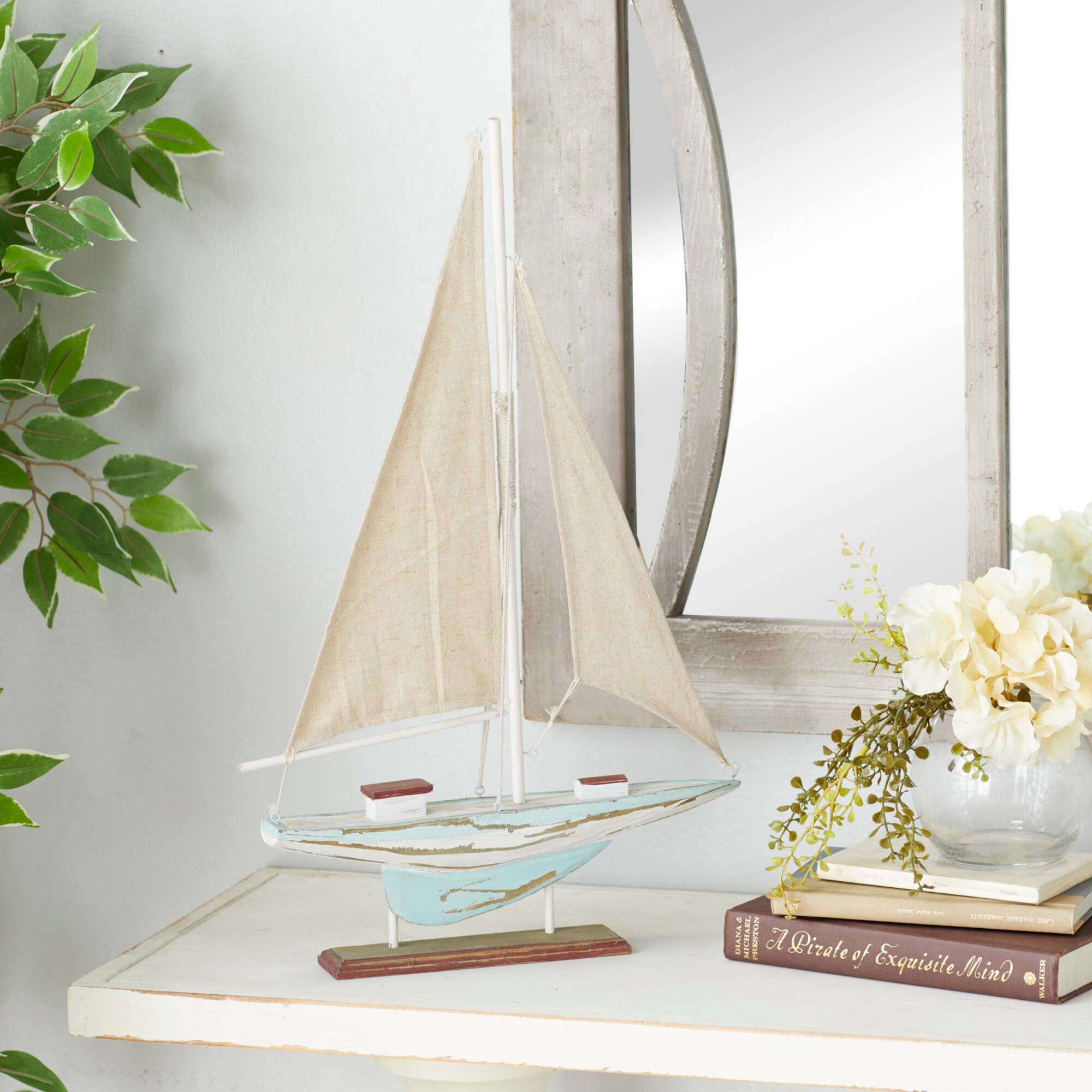 22" Brown Wood Coastal Sailboat Sculpture